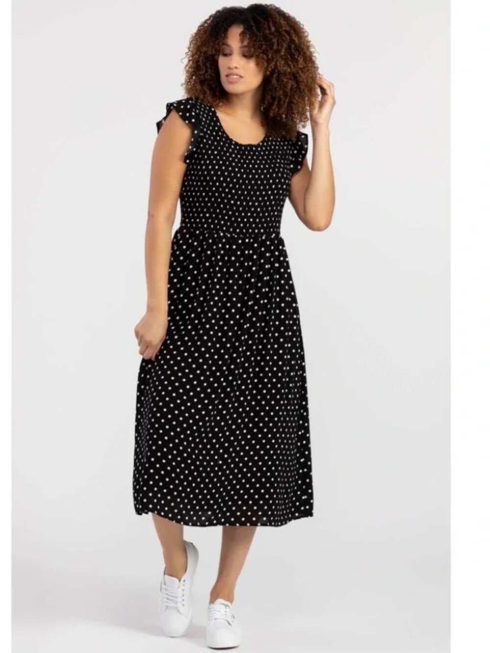 Tribal POLKA DOT RUFFLED SLEEVE SMOCK DRESS Medium has pockets black white